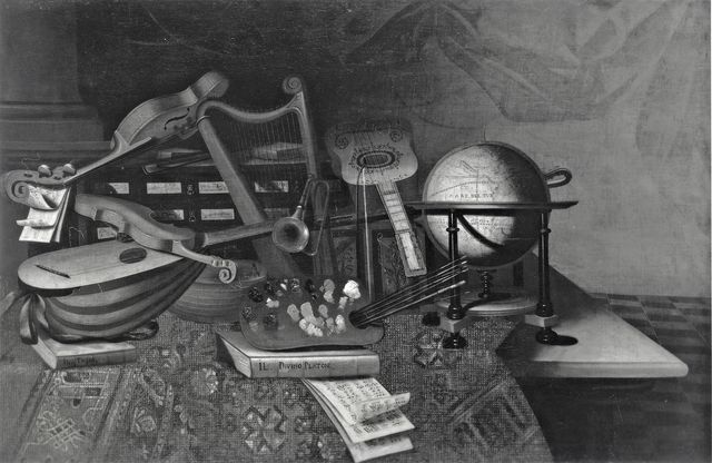 Sotheby's — Bettera Bartolomeo (bottega) - sec. XVII - Natura morta con strumenti musicali, globo e tavolozza con colori e pennelli — insieme